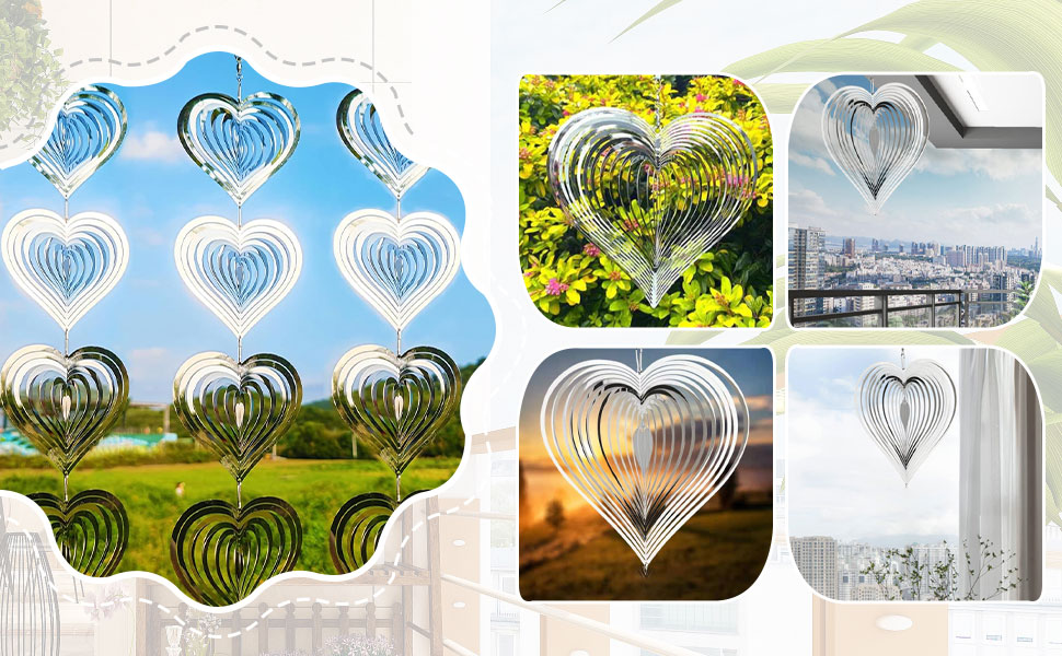 Campanello Eolico A Cuore In Acciaio - Decorazione Da Giardino, 20x15 Cm, Argento, Design Rotante