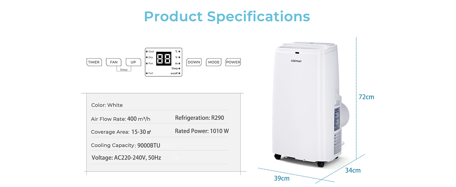 Costway 9,000BTU Portable Air Conditioner, 3In1 Air Cooler w