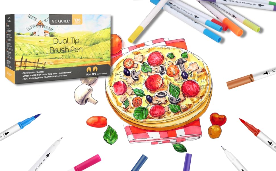 GC QUILL Art Markers for Adult Coloring 120 Colored Markers with Brush