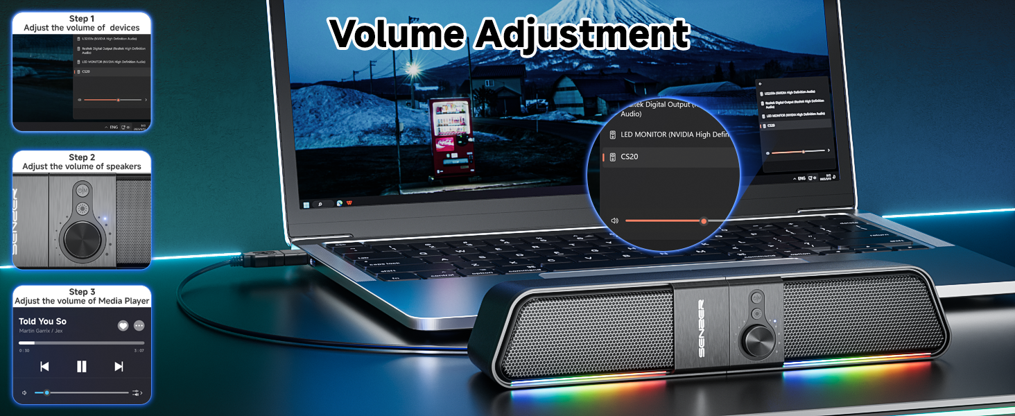 Text reads 'Volume Adjustment'. Car dashboard display showing volume control interface with circular dial and blue lighting effects.