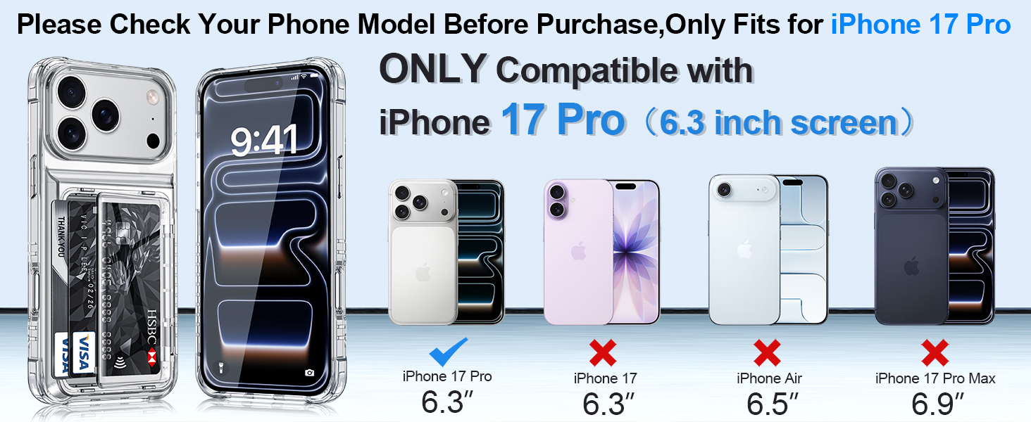 Text reads 'ONLY Compatible with iPhone 17 Pro' and 'Please Check Your Phone Model Before Purchase'. Diagram showing phone dimensions with compatibility markers.