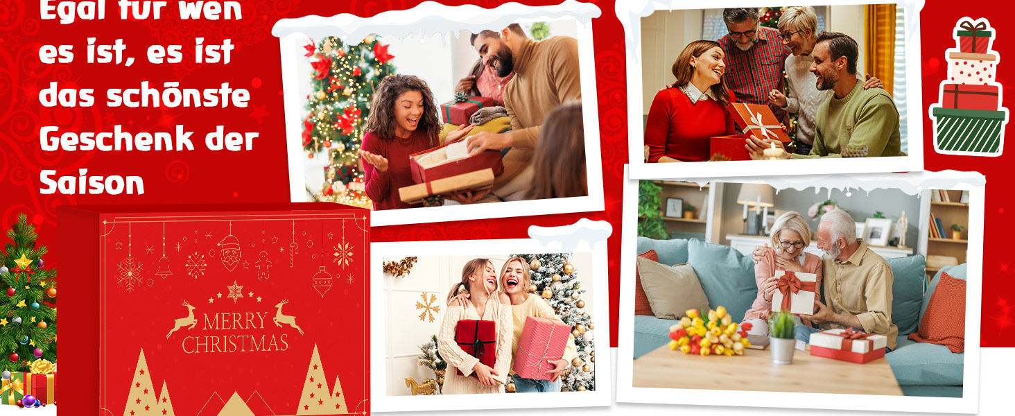 Il testo recita: «Egal für wen es ist, es ist das schönste Geschenk der Saison». Collage natalizio a tema rosso che mostra scene di feste stagionali con elementi decorativi.