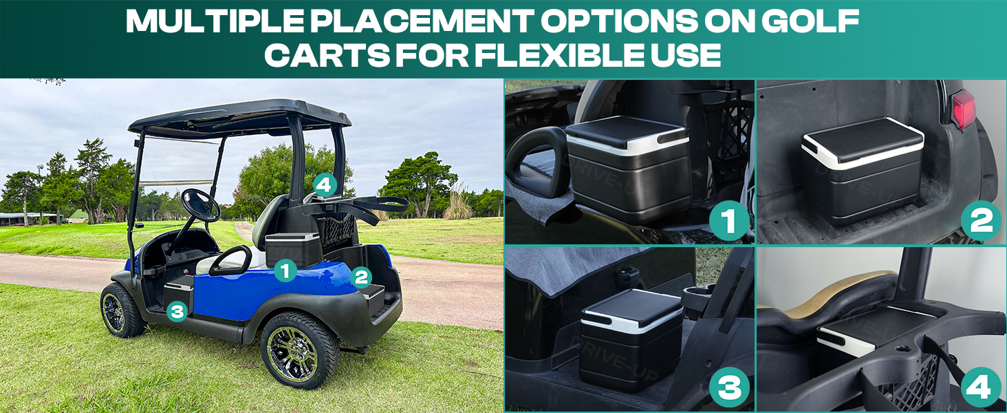 Drive-up golf cart cooler with multiple placement options on golf cart