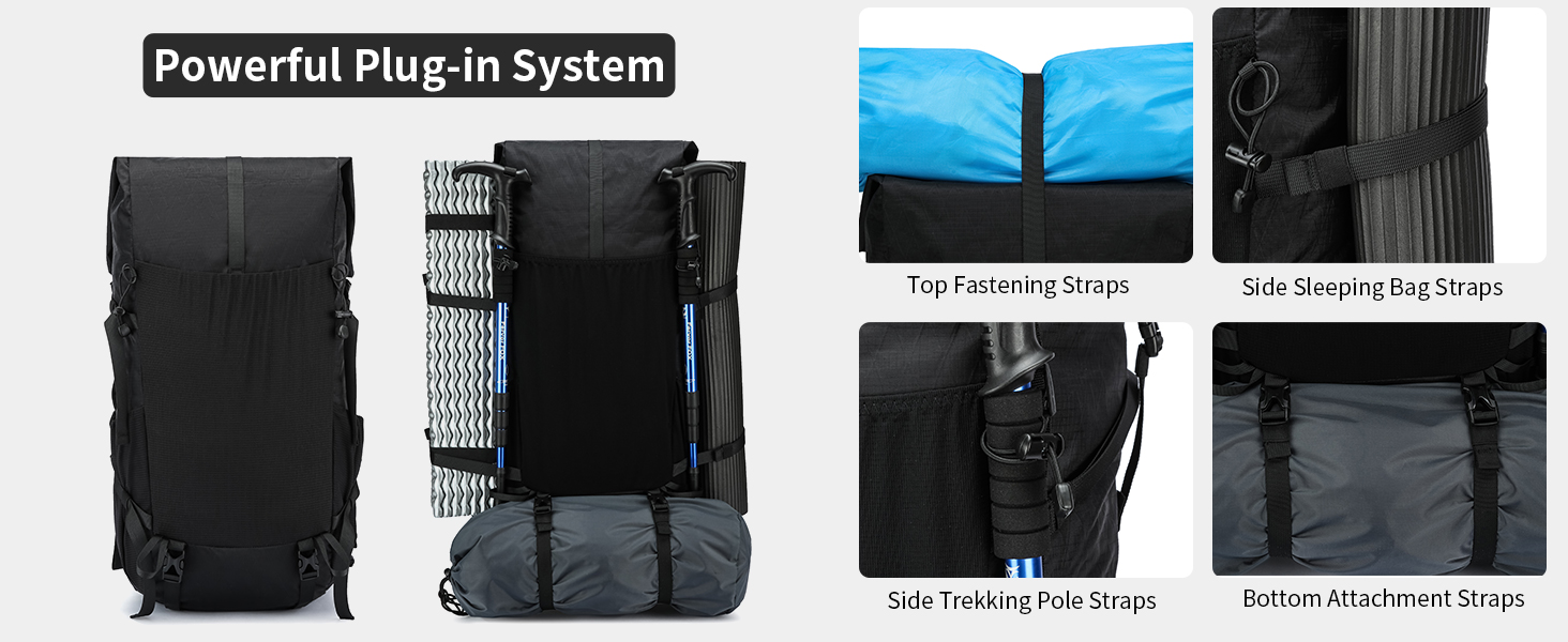 Black modular backpack with multiple attachment points. Features include top-notch straps, side-sleeping bag straps, side trekking pole storage, and bottom attachment straps for expandable capacity.