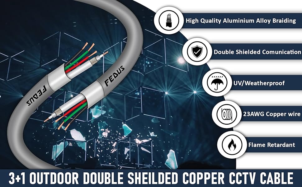 FEDUS 30M 23AWG Pure Copper 3+1 Outdoor CCTV Camera Coaxial Cable For HighSpeed Audio Video