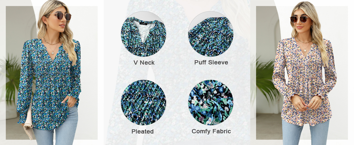 Floral T Shirts for Women Fashion V Neck Smocked Shirt Blouses Fall Puff Long Sleeve Tunic Tops