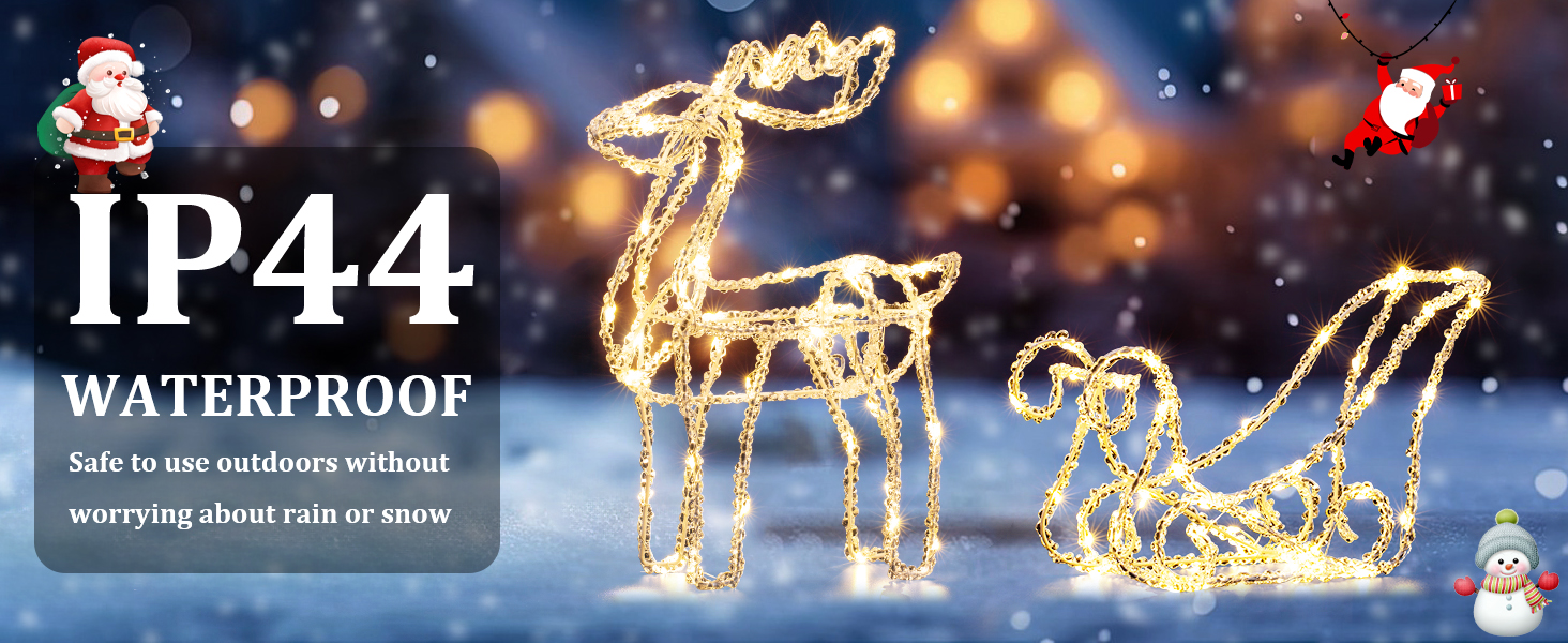 Quntis Reindeer and Sleigh Christmas Lights Warm White, 100 Led