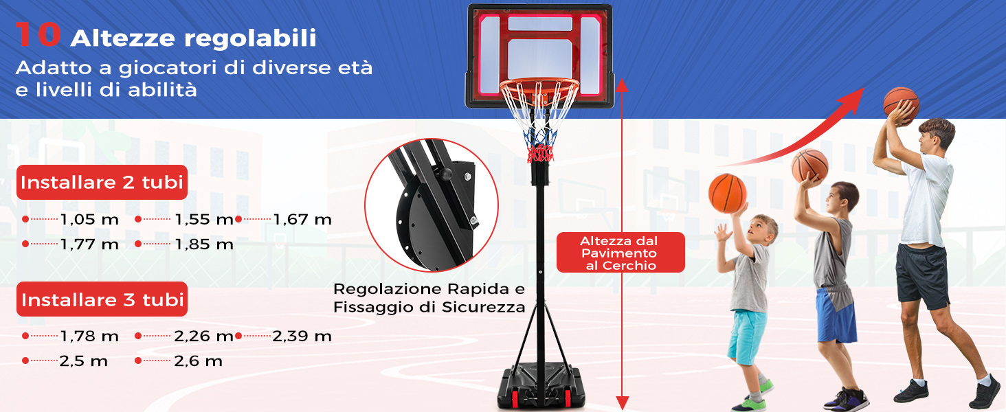 Sistema di canestro da basket regolabile con impostazioni di altezza da 1,65 m a 2,6 m, adatto a varie etĂ e livelli di abilitĂ . Include istruzioni di montaggio e dimostrazione