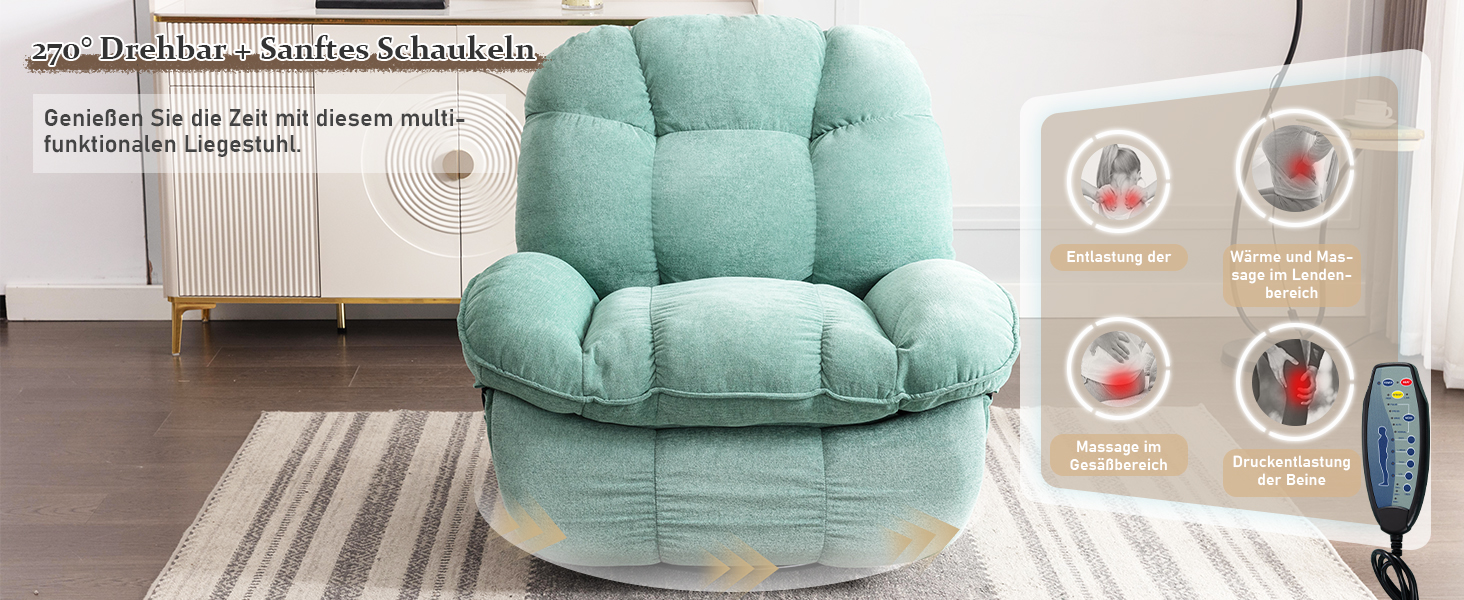 Mintgrüner Plüschsessel mit getufteter Polsterung, abgebildet neben einer Produktinformationskarte mit kreisförmigen Symbolen.