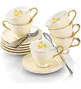 ZOOFOX Set of 6 Tea Cup and Saucer Set, 3 Ounce Ceramic Cappuccino Cup with Saucer and Spoon, Flo...