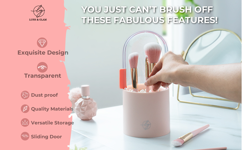 Makeup brush being inserted into the transparent brush organizer on a dressing table