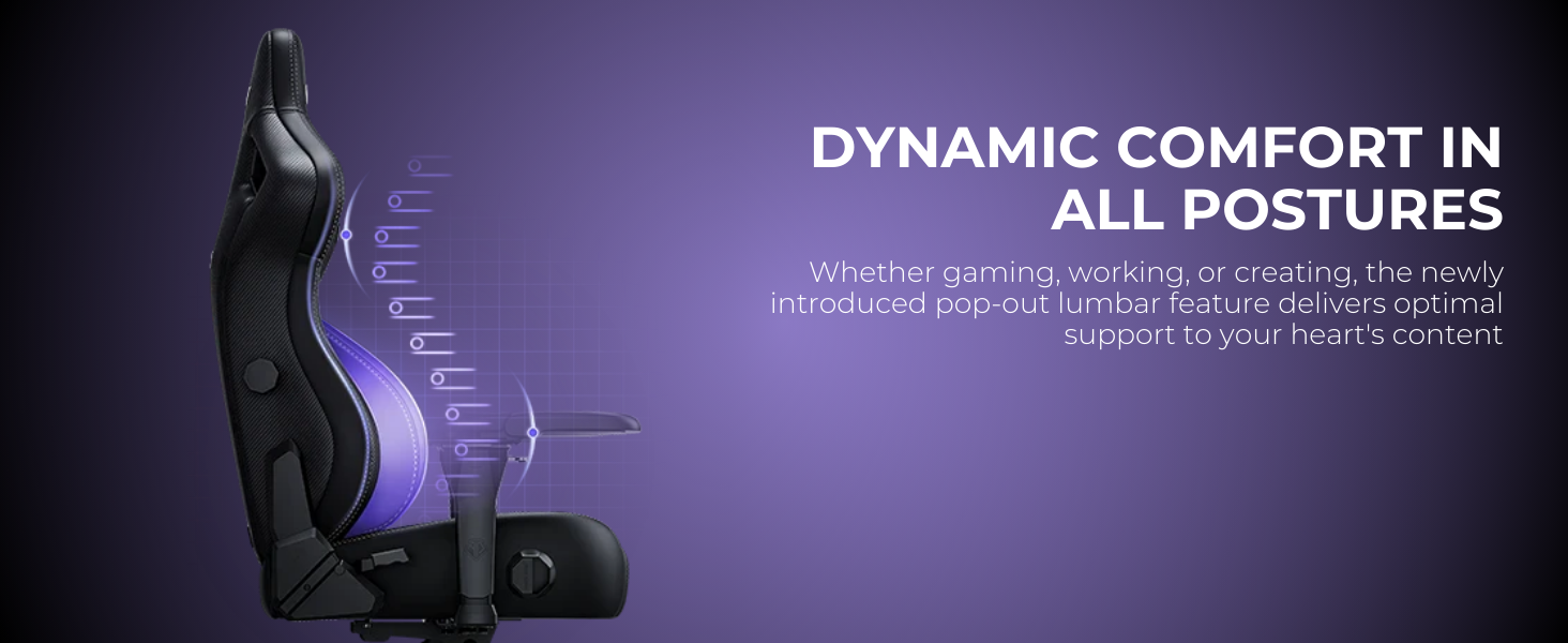 Black ergonomic chair with curved backrest and purple backlight. Features adjustable lumbar support and headrest. Text highlights 'Dynamic Comfort in All Postures'.