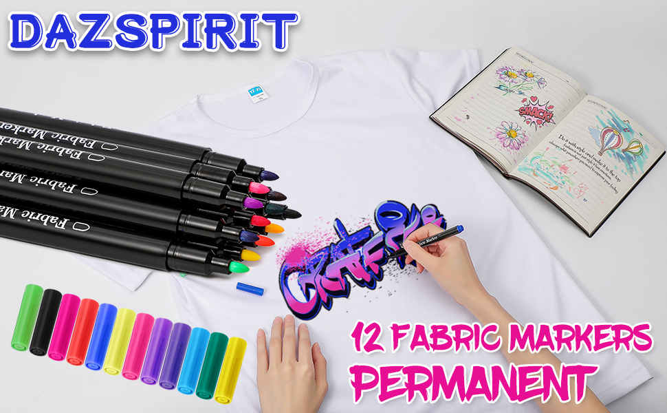 DazSpirit 12 Fabric Pens Permanent for Clothes, Textile Paint Pens