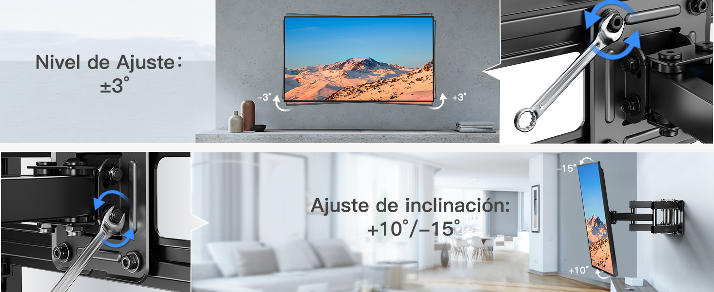 El texto dice «Nivel de Ajuste: ±3°». Guía de instalación que muestra el proceso de ajuste del soporte de pared para TV con diagramas técnicos y fotos reales de la instalación.