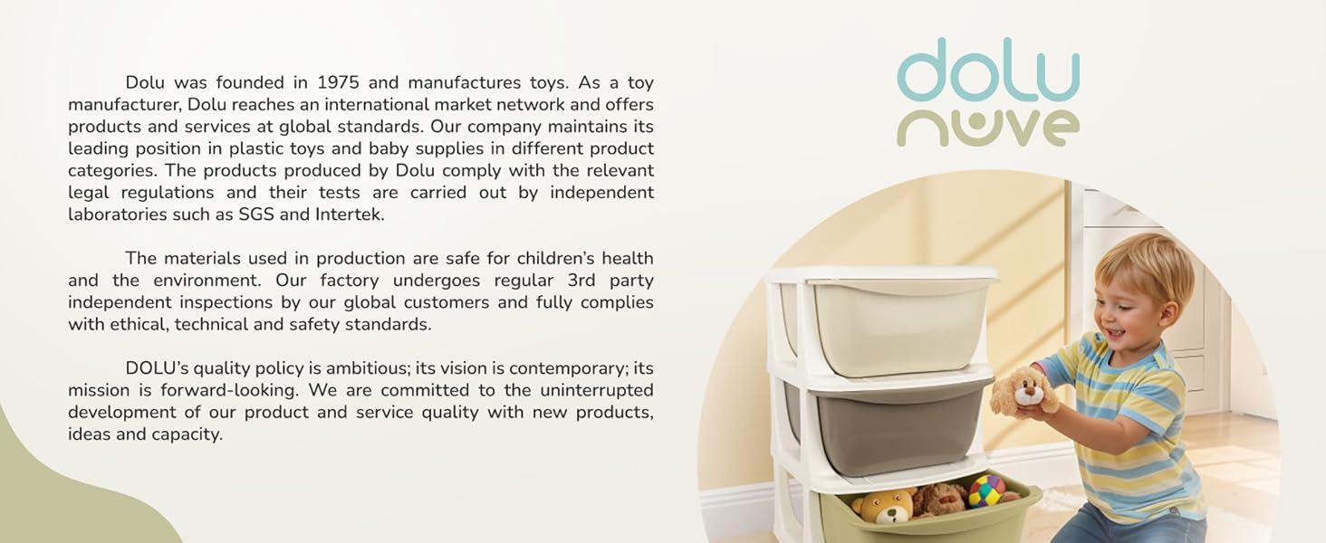 Text Reads: "Dolu Nuve" – child playing with plush toy beside stacked storage bins