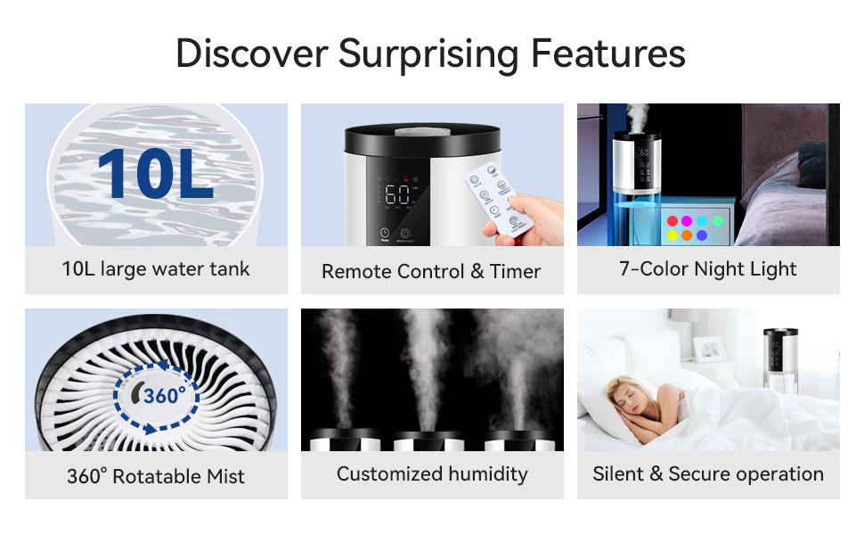 Humidifiers for Bedroom Large Room with Clear Tank, 7Color Night Light