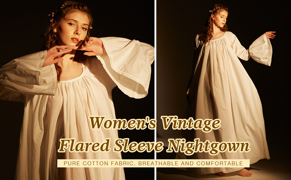 BEAUTELICATE Chemise De Nuit Victorienne 100 Coton Vintage Robe de Nuit Manches Longues ALine