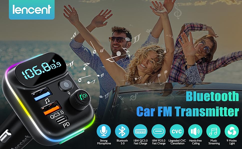 LENCENT Car FM Transmitter, Wireless Bluetooth 5.0 Radio Adapter Car Kit, PD3.0 Type C QC3.0 Car