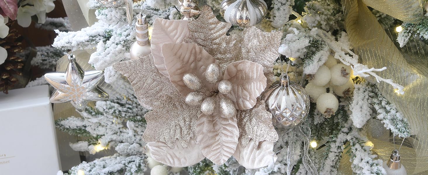 Champagne Christmas poinsettia on a Christmas tree