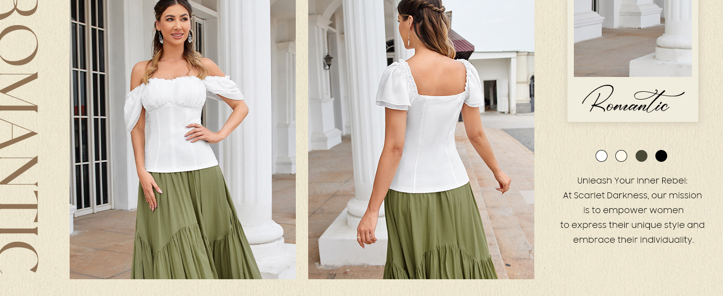 Womens Summer Tops Casual Dressy Vintage Short Ruffle Sleeve Top Fitted Off Shoulder Blouse