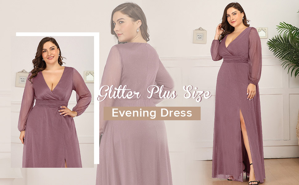 v neck long sleeve a line glitter side slit plus size formal dress