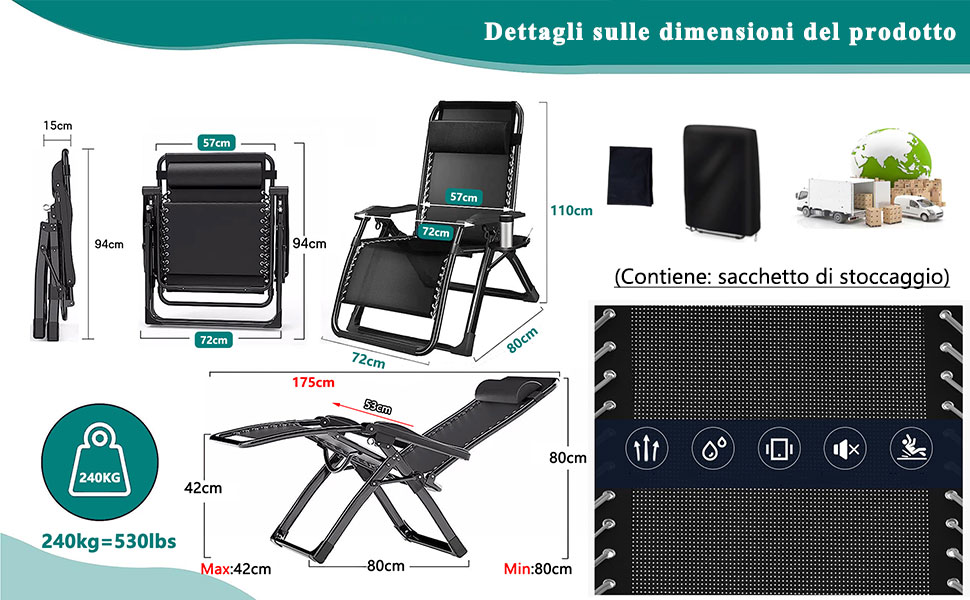 Schema delle specifiche della sedia reclinabile pieghevole. Mostra le dimensioni, la capacità di peso e le caratteristiche, tra cui poggiatesta regolabile, portabicchieri e custodia. Viste multiple della sedia in diverse