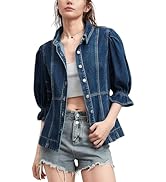 D-Sun Women Short Sleeves Denim Shirt V-Neck Puff Sleeve Button Down Jean Shirt Jacket Fashion Co...