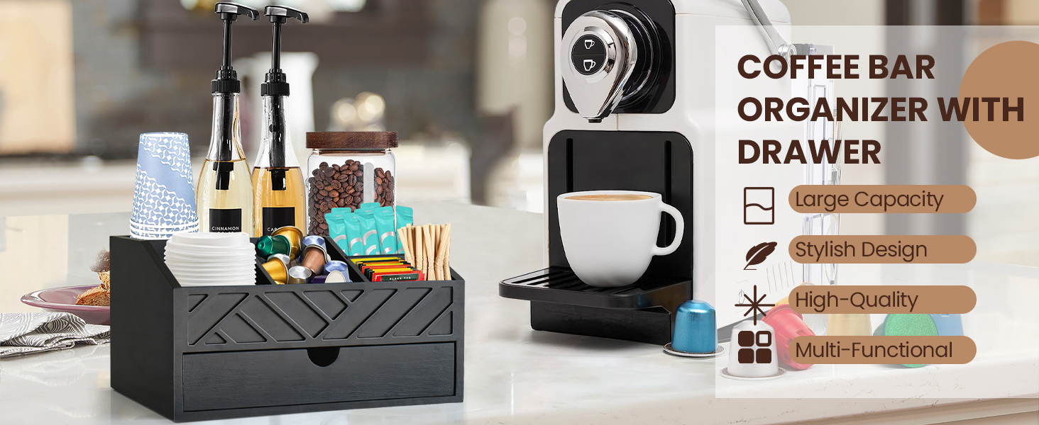 black coffee bar organizer with drawer