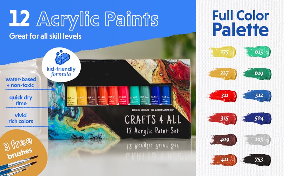 Amazon.com: Acrylic Paint Set for Adults and Kids - 12 Pack of 12mL Paints with 12 Art Brushes