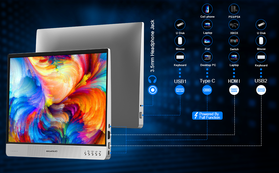 BIGASUO Portable Monitor, 15.6 FHD HDR 1080P Portable