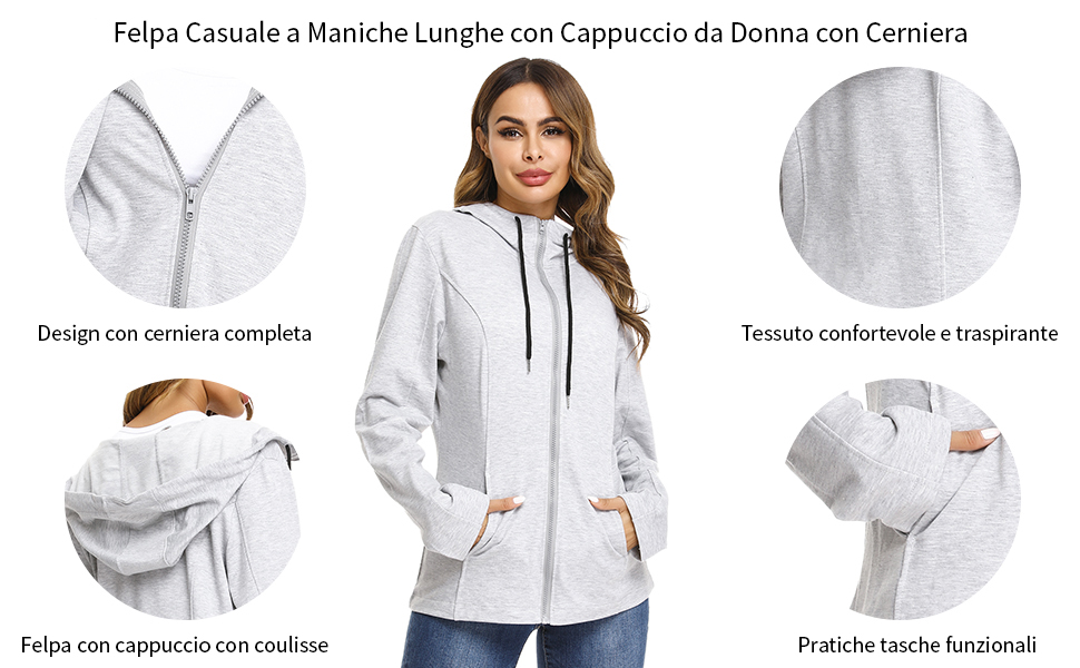 una donna che indossa una felpa grigia e un paio di jeans