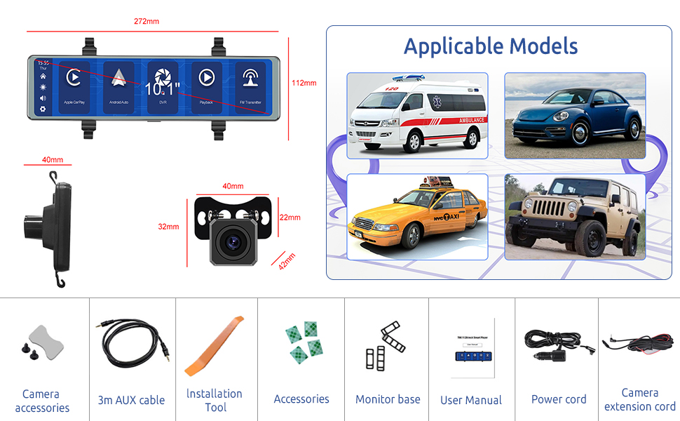 Mirror Dash Cam Wireless Apple Carplay Android Auto, 11.26" Touch