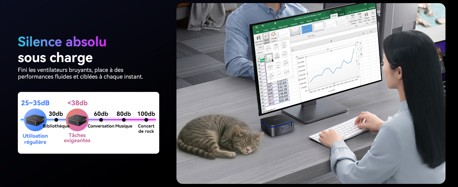 Personne travaillant à un bureau avec un écran d'ordinateur affichant une feuille de calcul. Un chat gris dort sur le bureau à proximité. La superposition de texte compare les niveaux de bruit de différents objets