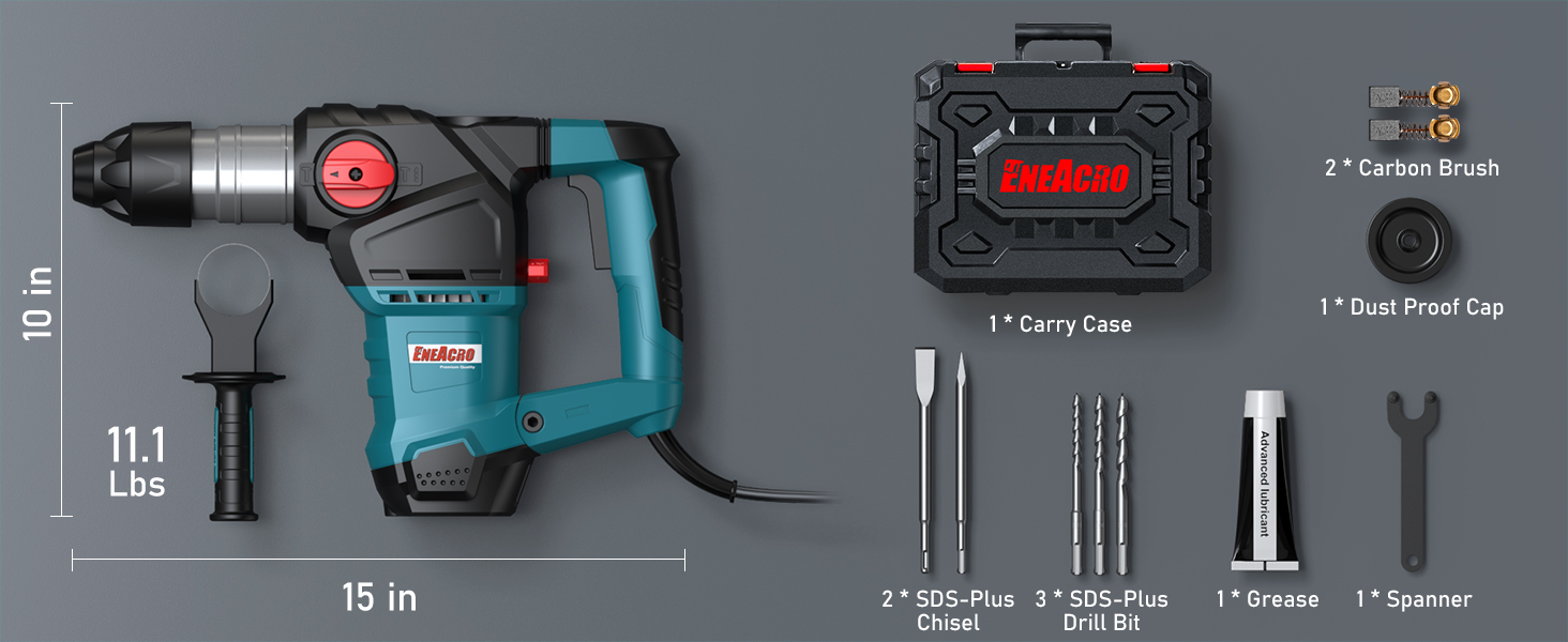 ENEACRO 11/4 Inch SDSPlus 1500W Heavy Duty Rotary Hammer Drill, Safety Clutch 3 Functions with
