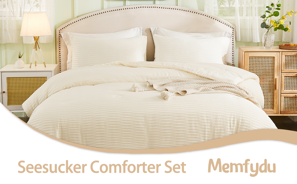 Memfydu Queen Comforter Set Beige, 3 Pieces Seersucker Comforter Sets, Crinkle