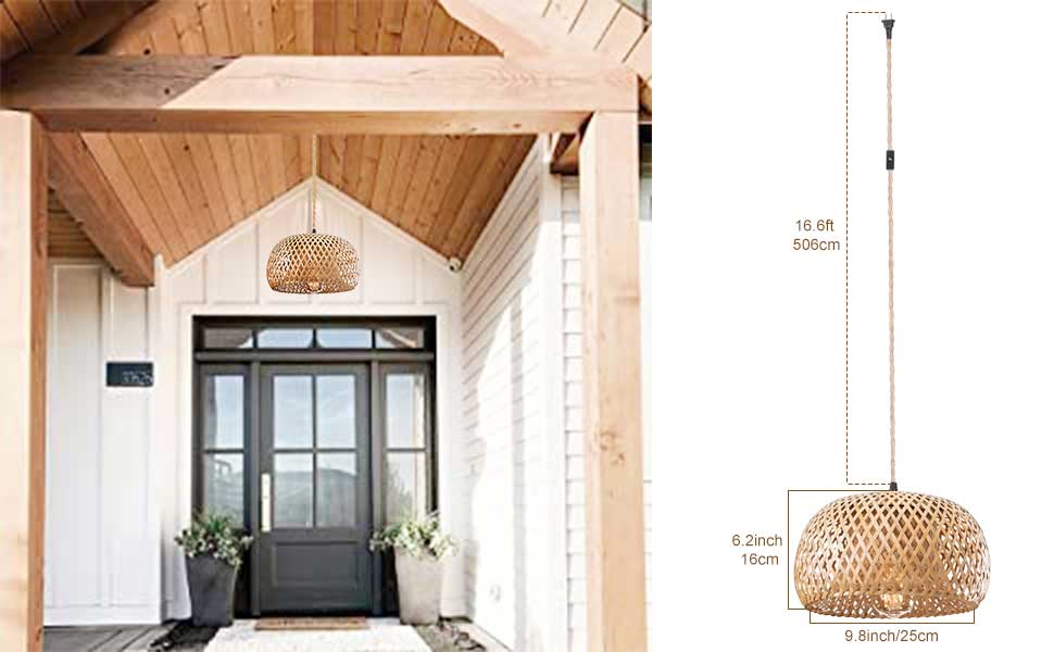 Plug in Rattan Pendant Light Fixture, Wicker Hanging Lights with On/Off