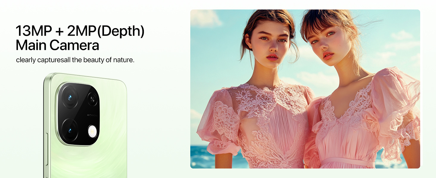 Smartphone camera module detail showing '13MP + 2MP(Depth) Main Camera' specification, alongside a fashion photo preview.