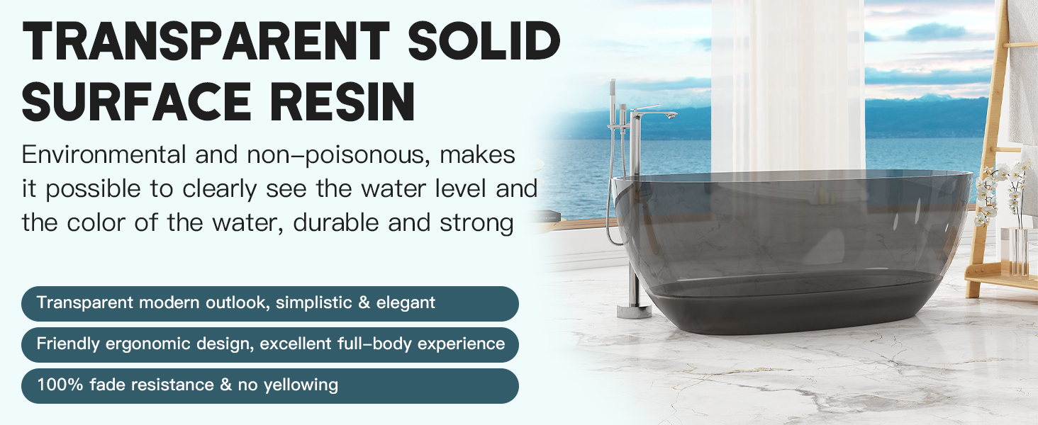 CASAINC 59" Resin Freestanding Bathtub Transparent Soaking Tub Modern