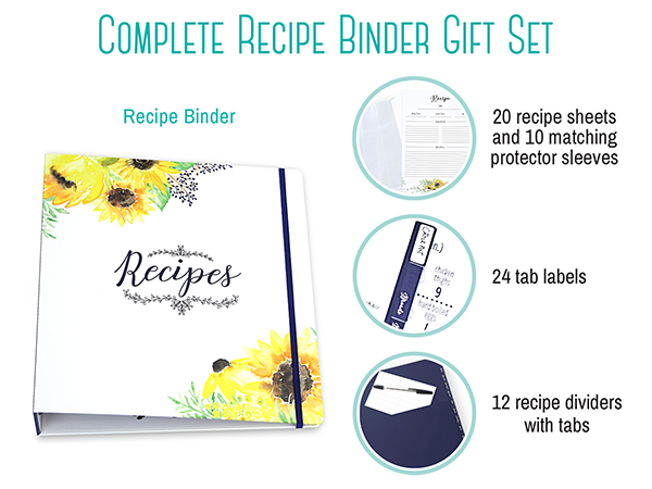 amazon-com-outshine-sunflower-recipe-binder-set-8-5x11-3-ring-with-20-recipe-sheets-and-10-protector-sleeves-make-your-own-recipe-book-binder-kit-blank-recipe-book-organizer-home-kitchen