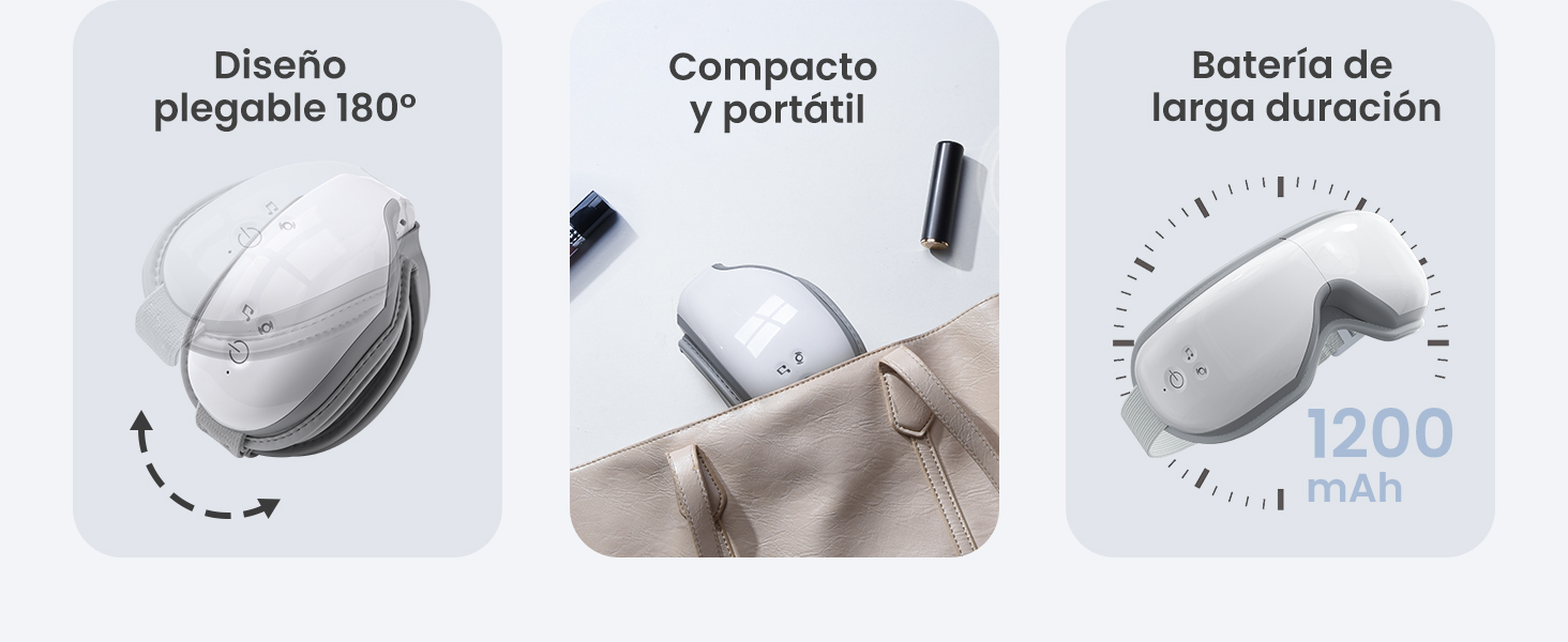 Tres paneles que muestran un dispositivo plegable: «Diseño plegable de 180°», «Compacto y portátil» y «Batería de 1200 mAh de larga duración». El dispositivo parece ser un objeto electrónico blanco