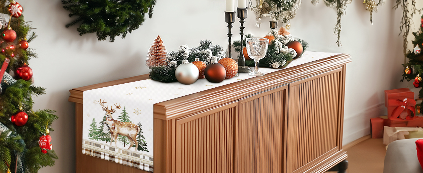 Bonhause Winter Forest Deer Table Runner, Seasonal Winter