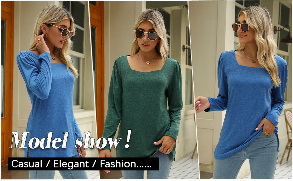 Womens Tops Casual Long Sleeve Square Neck Shirts Puff Sleeve Tshirts
