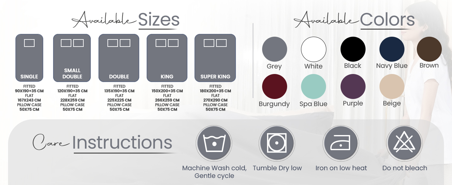 CARE INSTRUCTIONS, SIZE CHART & COLOURS