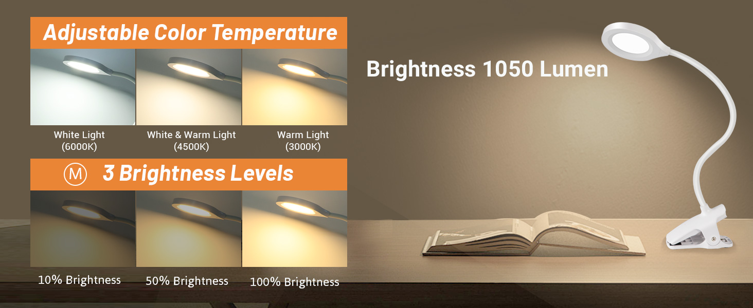 Akynite 8W Clip on Bedside Reading Lamp USB Rechargeable, Adapter