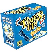 El texto dice «¡Se acabó el tiempo! Fiesta». Caja de juego azul con texto amarillo y elementos decorativos blancos.