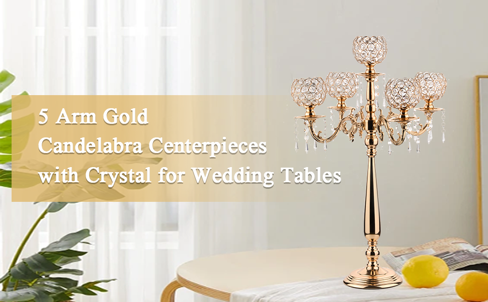 5 Arm Gold Candelabra Centerpieces with Crystal for Wedding Tables