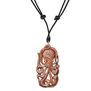 NOVICA Handmade Octopus Pendant Necklace Hand Carved of Cow Bone With Leather Cord for Women & Men