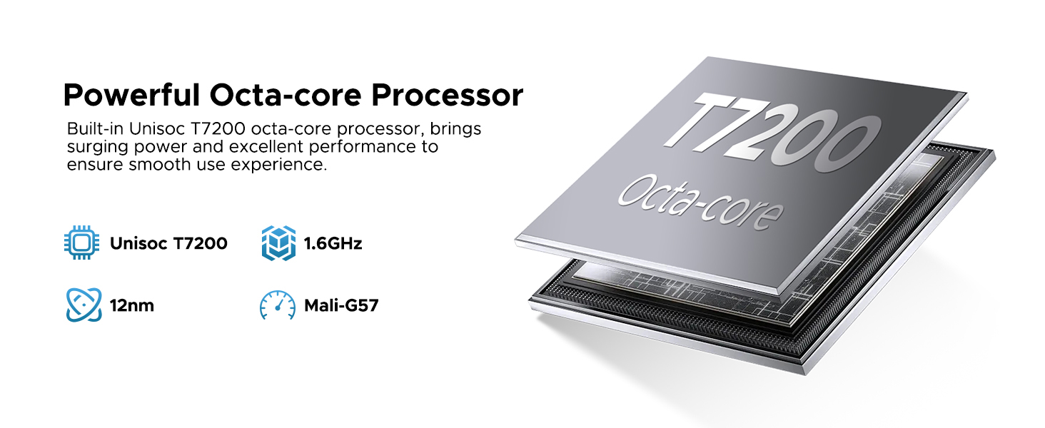 Text reads 'Powerful Octa-core Processor' with icons showing '500Hz 72000' and 'LWIP, 720P'. Shows a metallic processor chip labeled 'T720' in a product showcase layout.