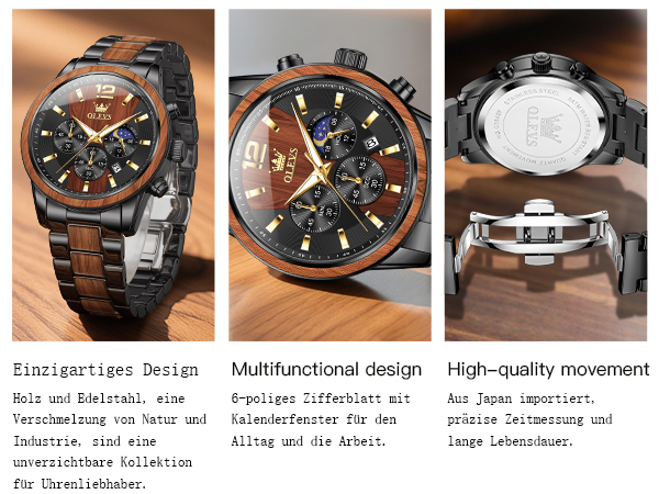 Der Text lautet „Electrimotion Design“, „Multifunktionales Design“, „Hochwertige Bewegung“. Serie detaillierter Uhrenbilder, die verschiedene Blickwinkel und Merkmale einer Luxusuhr zeigen.