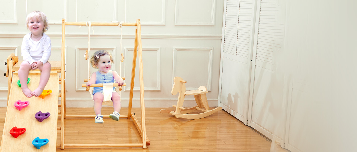 FUNLIO 4in1 Foldable Montessori Toddler Swing and Slide Set,Wooden